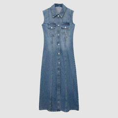 Blue Denim Sleeveless Long Dress