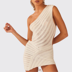 Beige Knitted One Shoulder Mini Dress