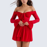 Red Off Shoulder Flare Dress