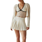 Contrast Trimmed Bow Knot Mesh Black Lace Belly Crop Top