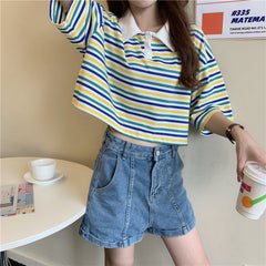 Color Block Rainbow Striped Polo Neck Crop Top T Shirt