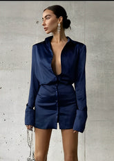 Blue Satin Shirt Mini Dress With Flared cuffs