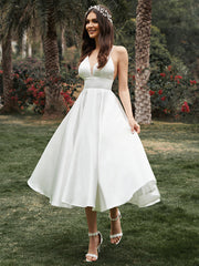 inostorâ„?A-Line Ruffles V-neck Sleeveless Satin Tea-Length Dress