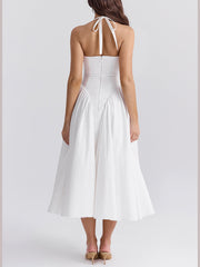 inostorâ„?Pleated Stitching Deep V Neck Halter Waist Plain Midi Dresses