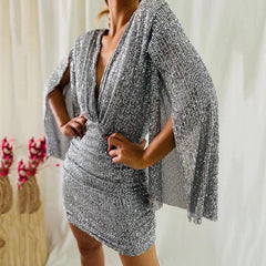 inostorâ„?Sexy Deep V-neck Solid Mini Dress Women Elegant Batwing Sleeve Split Bodycon Dress