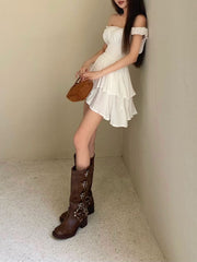 3D Dots Smocked Ruffles White Playsuit Romper Layered Jumpsuit Dress