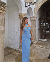 inostorâ„?Knit Floral Crochet Halter Fishtail Hem Maxi Dress