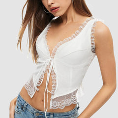 White Lace Trim Front Bow Knot Top