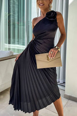 inostorâ„?Romantic Nights Satin Raised Flower Elastic Cutout One Shoulder Pleated Maxi Dress