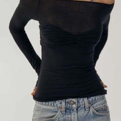 Black Long Sleeve See Through Knit Off The Shoulder Top