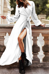 inostorâ„?Casual Solid Frenulum Slit V Neck Long Sleeve Dresses