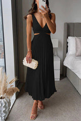 inostorâ„?Summer Social Stain Pleated Cutout Waist Loose Midi Dress