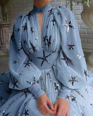 inostorâ„?Star Sequin Lantern Sleeve Chiffon Slit Dress