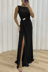 inostorâ„?Elegant Formal Solid Slit Fold O Neck Evening Dress Dresses
