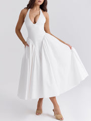 inostorâ„?Pleated Stitching Deep V Neck Halter Waist Plain Midi Dresses
