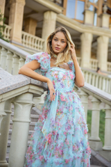 inostorâ„?Sweet and fresh puff-sleeved floral mesh dress with earrings