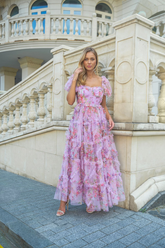 inostorâ„?Sweet and fresh puff-sleeved floral mesh dress with earrings
