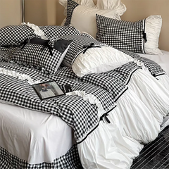 Beige Gingham with Bow Ruched Duvet Cover