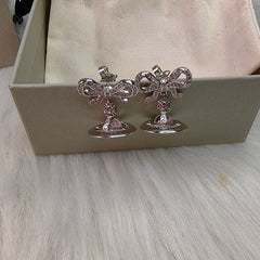 Bow 3D Saturn Orb Drop Stud Earring