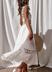 Broderie Anglaise Contrast Lace Dress With Patchwork Frilly Thick Strap