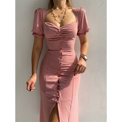 Button-Down Puff Sleeve Midi Dress