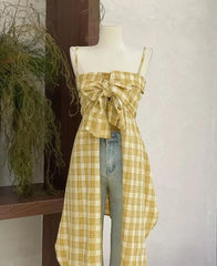 Checkered Irregular Hem Bow Top