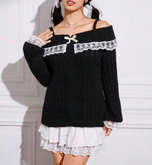 Cold Shoulder Lace Trim Knit Sweater