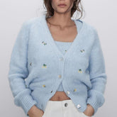 Floral Embroidery Knit Cardigan and Tank Crop Sweater Co ord Set