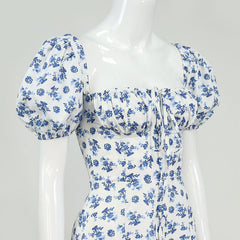 Floral Puff Sleeve Slit Front Midi Dress