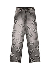 Frayed Cross & Letter Patch Jeans