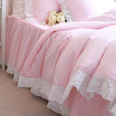 100% Cotton White Bedding Set Princess Sunflower Hollowed Out 4pcs Set Ruffles Bedding Kit US King Queen Size Pink Duvet Covers
