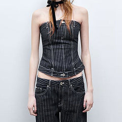 Sleeveless Pinstripe Jeans Denim Top