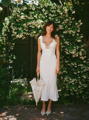 Ivory Front Strap Midi Dress With Lace Detailing