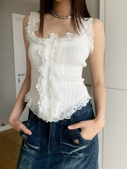 Lace Ruffle Button-Up Tank Top