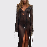 Black Sheer Maxi Cover Up Dress With Ruffle Details