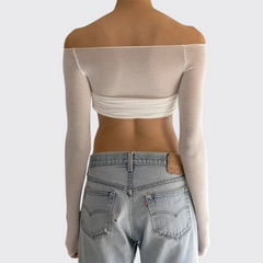 White Long Sleeve See Through Knit Off The Shoulder Crop Top