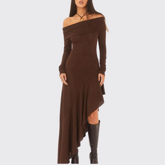 Brown Off Shoulder Long Sleeve Ruffle Slit Dress