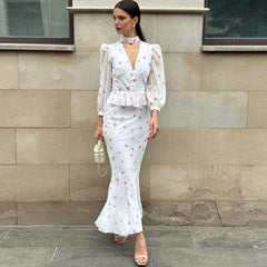 Deep V halterneck mesh print dress