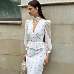 Deep V halterneck mesh print dress