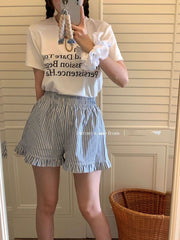 Elastic Stretchy Cute Stripes Waistband Ruffle Edge Womens Shorts
