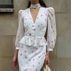 Deep V halterneck mesh print dress