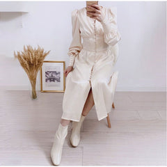 Glossy Retro Button Lantern Sleeve Satin Flowy Nye Midi Dress