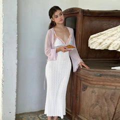 Pure lace V-neck backless bow suspender dress