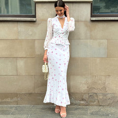 Deep V halterneck mesh print dress