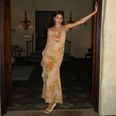 Printed Halter Neck Tie Mesh V-Neck Dress