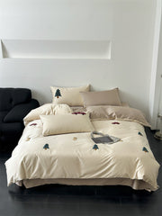 INS Style Pure Cotton 100 Long-Staple Cotton Four-Piece Set Small Forest Towel Embroidered Quilt Cover Pure Cotton 1.8 M Bedding Set