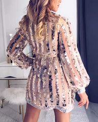 Casual Tassel Embellished Long Sleeve Sequin Tulle Dress