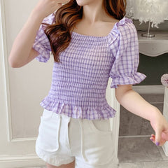 Gingham Checked Ruffle Hem Shirred Crop Top Blouse