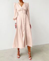 Glossy Retro Button Lantern Sleeve Satin Flowy Nye Midi Dress