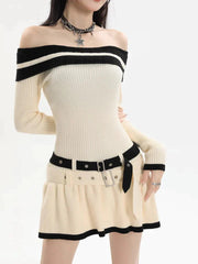 Off Shoulder Double Belt Knit Dress